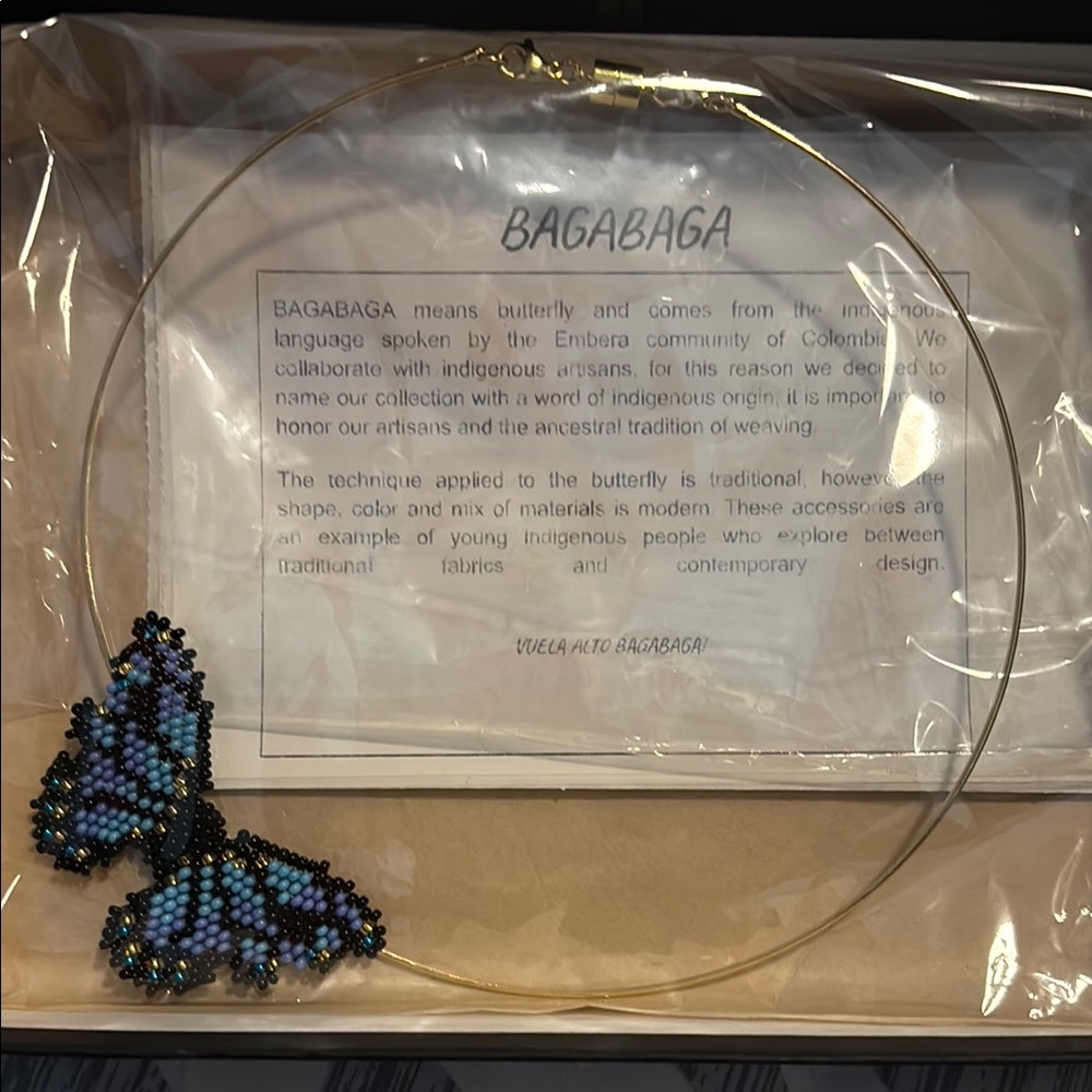 Hand made Gold Necklace with Blue Butterfly Pendant Bagabaga by Oltem